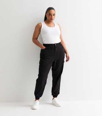 Curves Black Cuffed Cotton Cargo Trousers