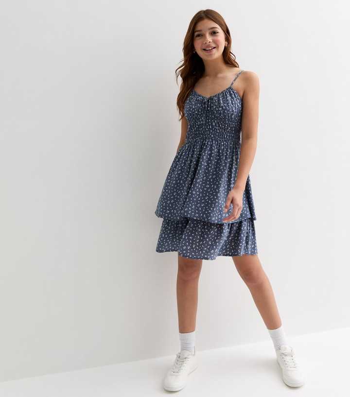 Girls Blue Ditsy Floral Strappy Tiered Dress