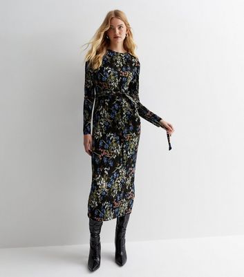 Black Floral Plisse Belted Midi Bodycon Dress New Look