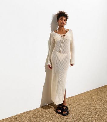 Cream Crochet Knit Long Sleeve Split Hem Maxi Dress New Look