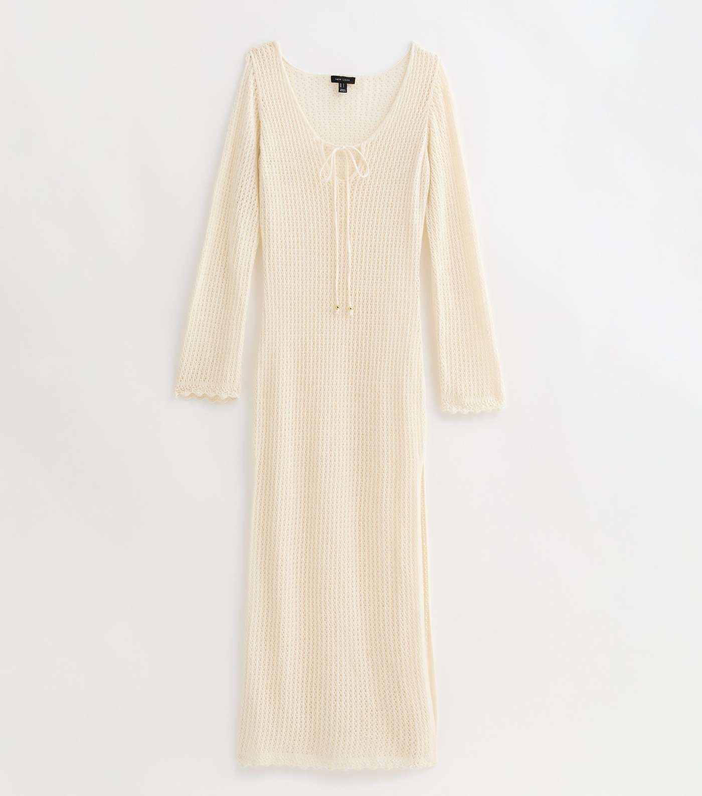Cream Crochet Knit Long Sleeve Split Hem Maxi Dress Image 5