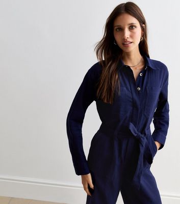 Navy Belted Wide Leg Utility Jumpsuit New Look