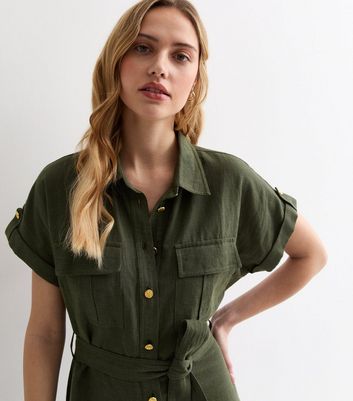 Khaki Utility Belted Midi Shirt Dress | New Look