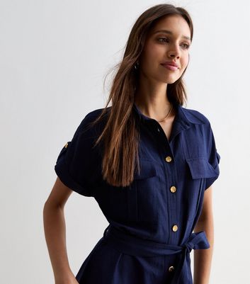Navy Utility Belted Midi Shirt Dress New Look