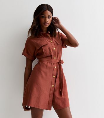 Rust Belted Utility Mini Shirt Dress New Look