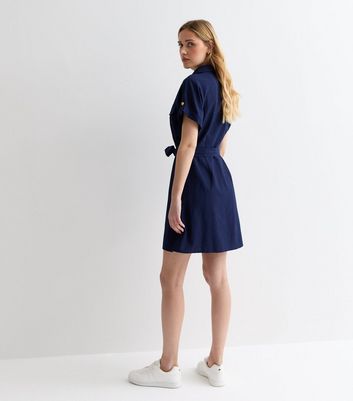 Navy Belted Utility Mini Shirt Dress New Look