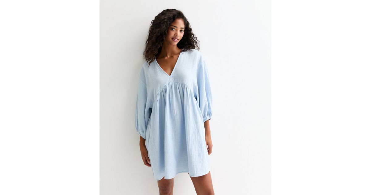 Pale Blue Cotton V Neck Mini Smock Dress | New Look