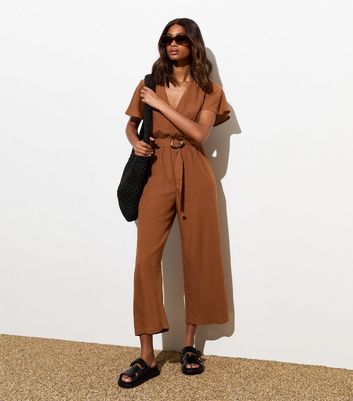 Rust Belted Wrap Wide Leg Jumpsuit New Look
