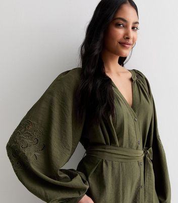 Khaki Embroidered Sleeve Midi Dress New Look