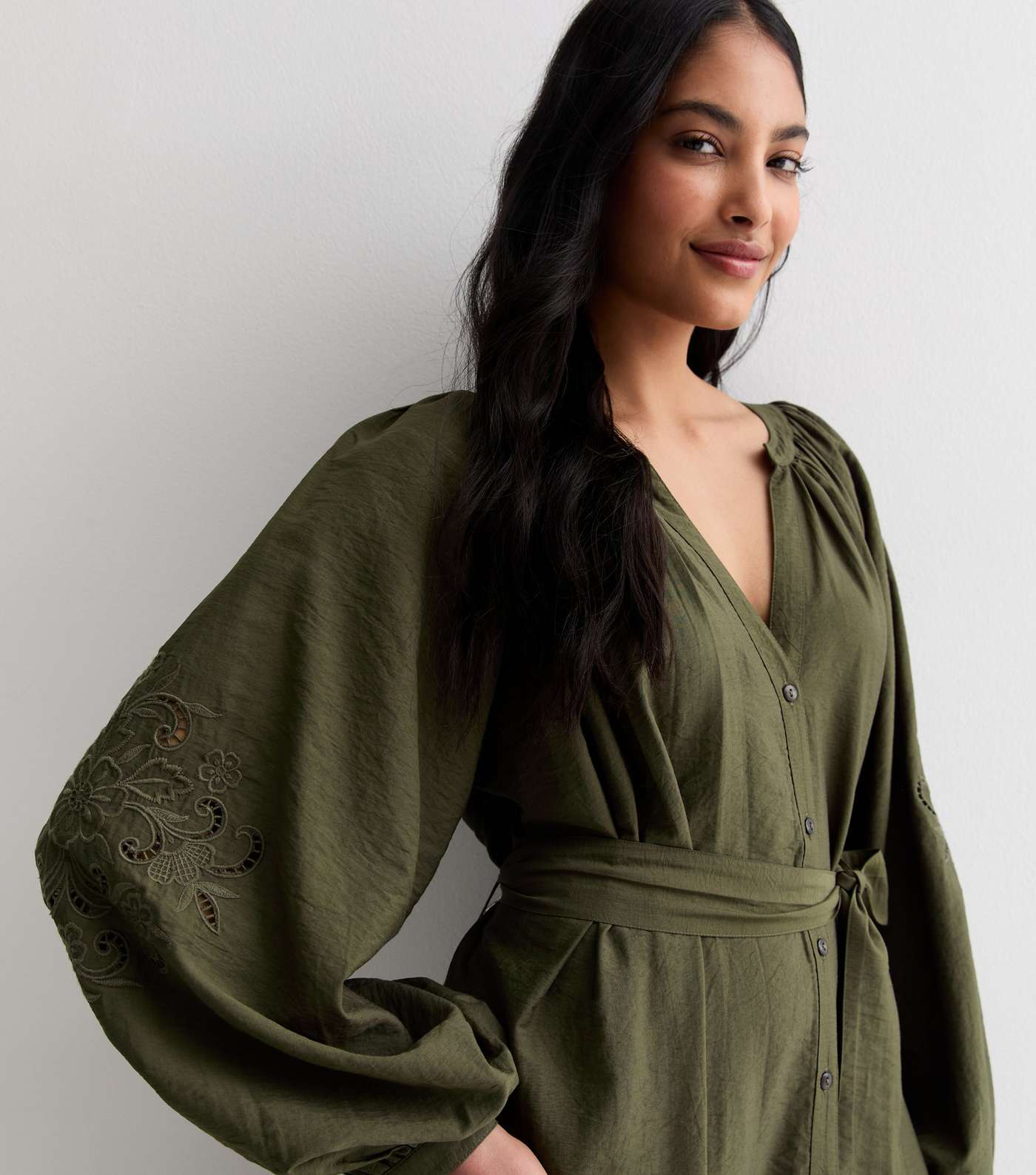 Khaki Embroidered Sleeve Midi Dress Image 2