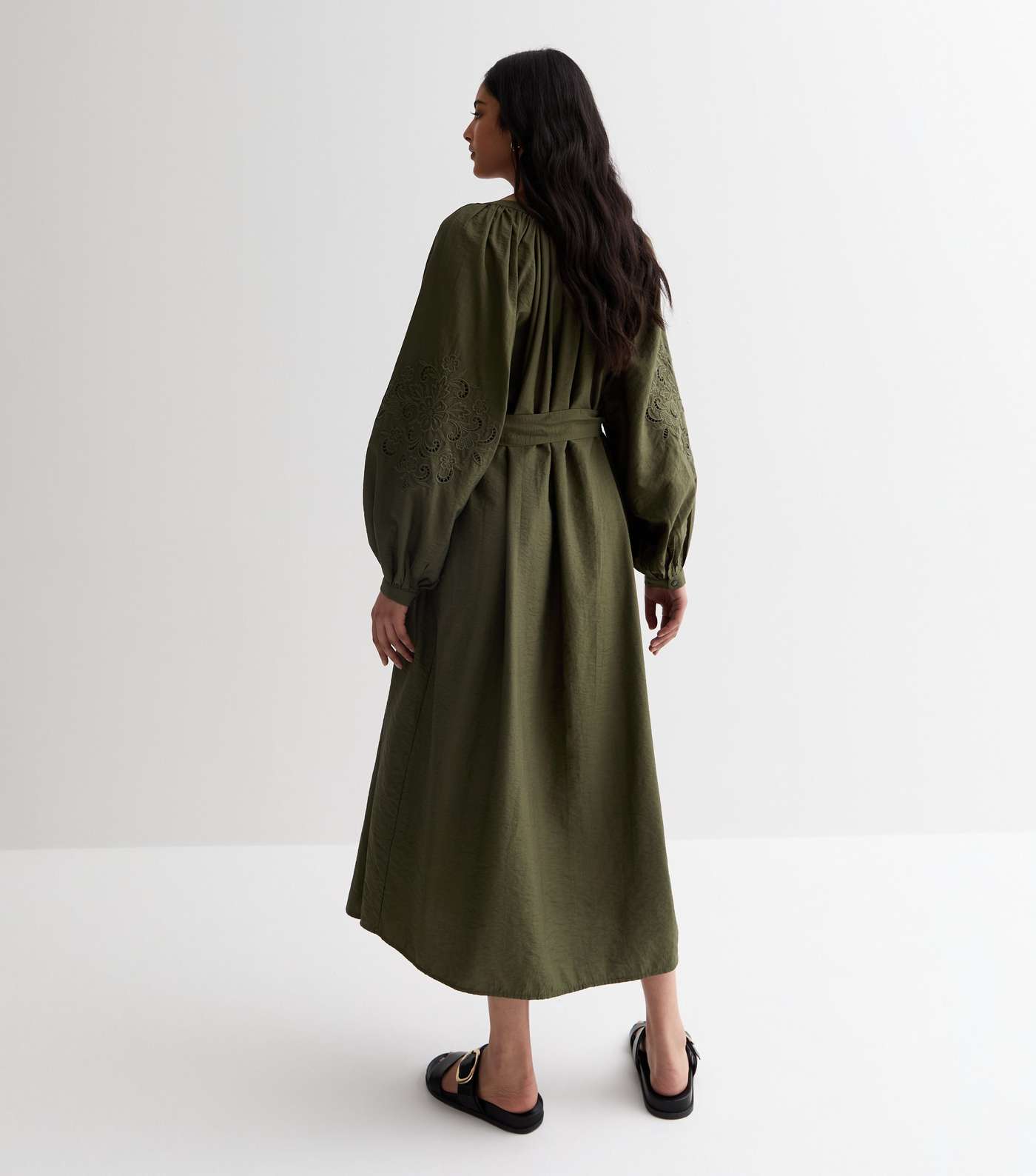 Khaki Embroidered Sleeve Midi Dress Image 4