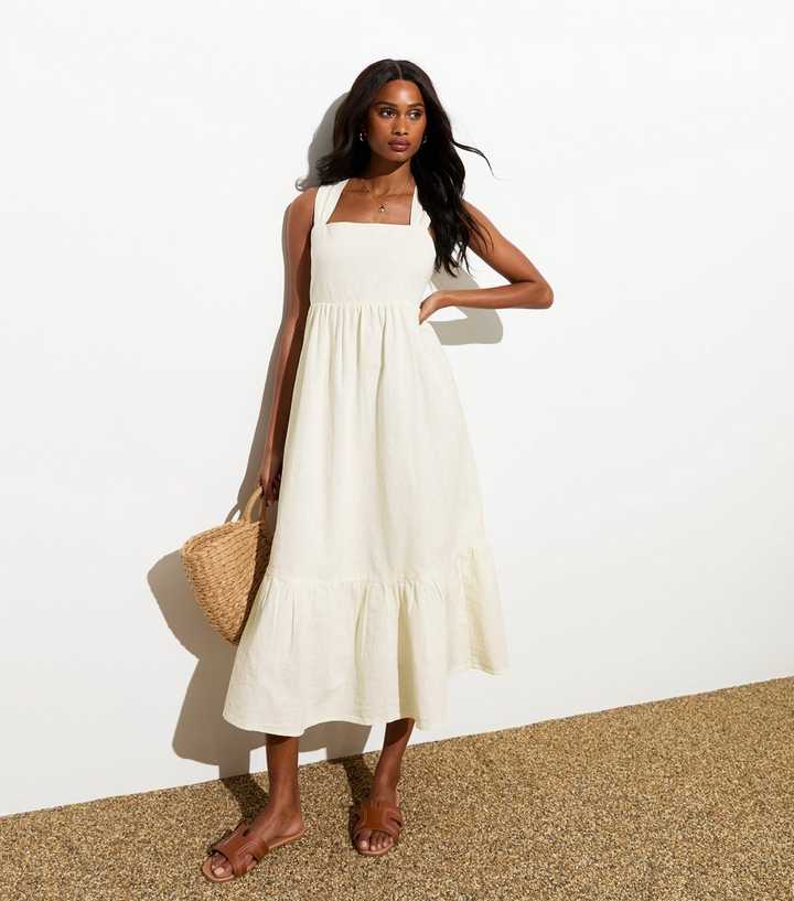 Off White Square Neck Back-Tie Midi Dress