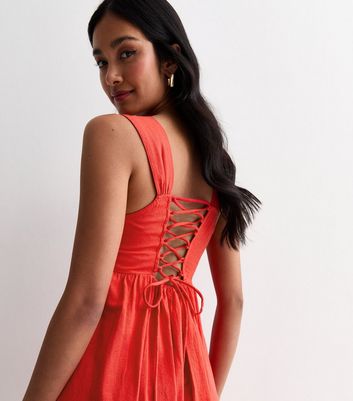 Red Square Neck Strappy Tiered Midi Dress New Look