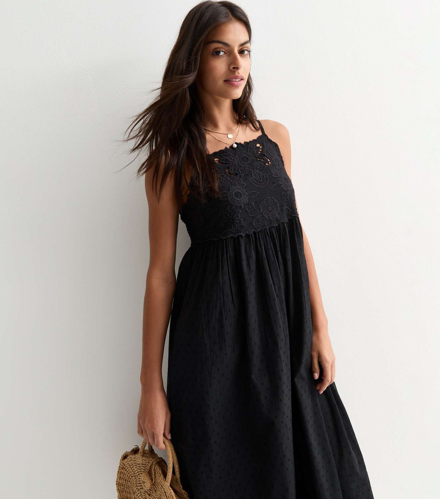 Black Embroidered Cotton Midi Dress Image 3