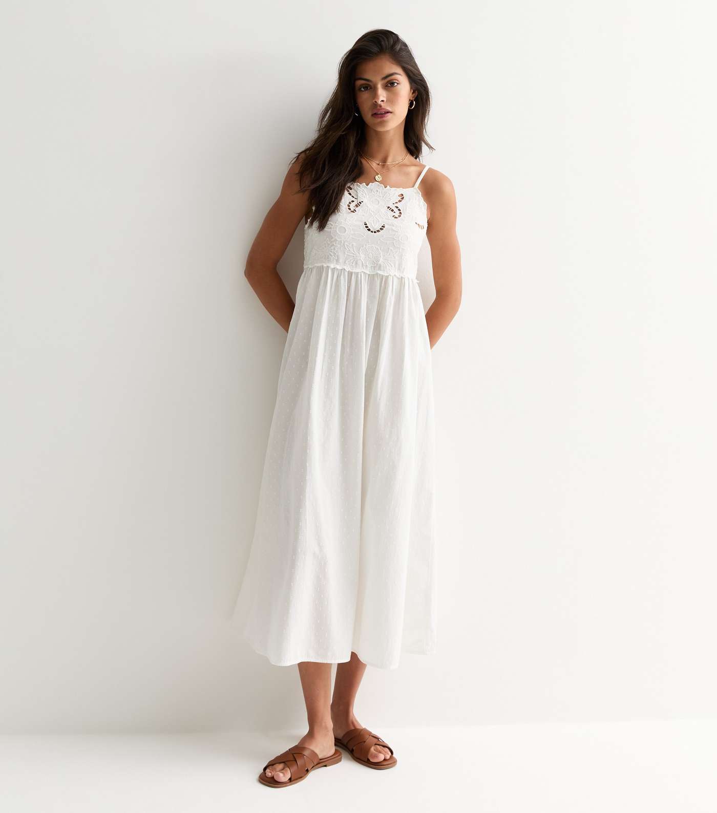 Off White Embroidered Cotton Midi Dress Image 2
