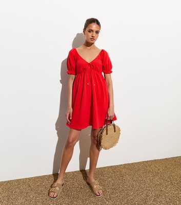 Red Crinkle-Cotton Frill Mini Tea Dress