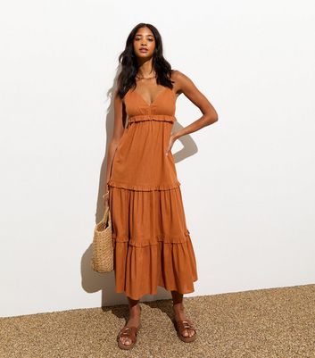 Rust Cotton Tiered Strappy Midi Dress New Look