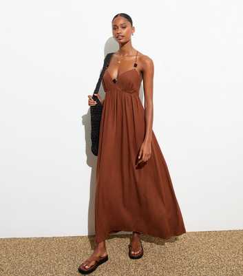 Brown Bead-Embellished Midi Dress