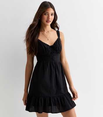 Black Cotton Lace-Up Milkmaid Mini Dress