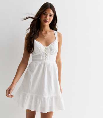 White Cotton Lace-Up Milkmaid Mini Dress