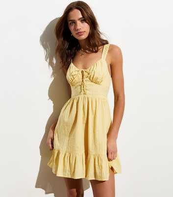 Yellow Cotton Lace-Up Milkmaid Mini Dress