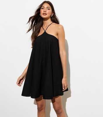 Black Cotton Halter Strappy Mini Dress