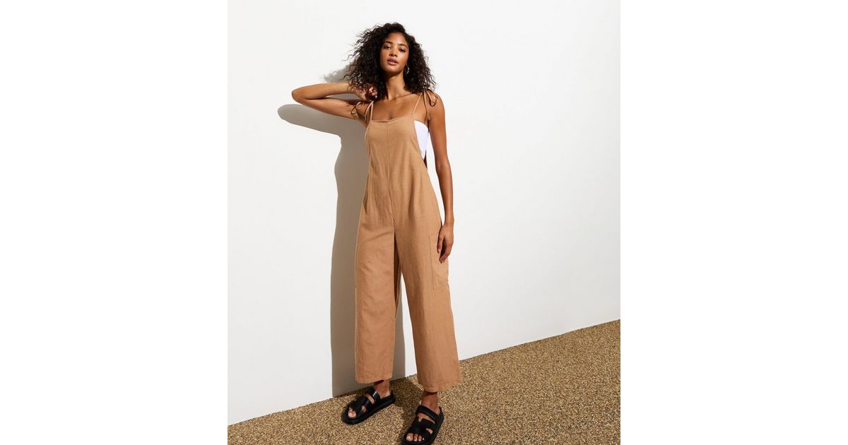 Stone Tie Strap Cropped Dungaree Jumpsuit New Look