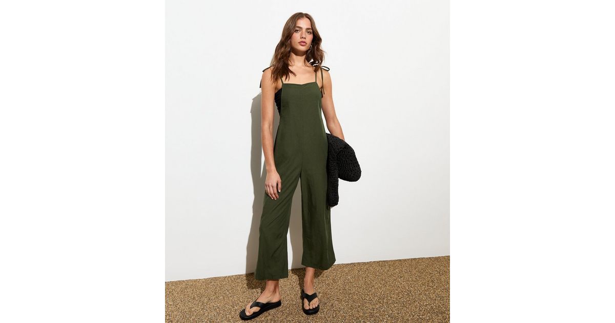 Khaki Cropped Tie Strap Dungaree Jumpsuit New Look