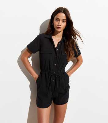 Black Short-Sleeve Utility Cotton Playsuit 