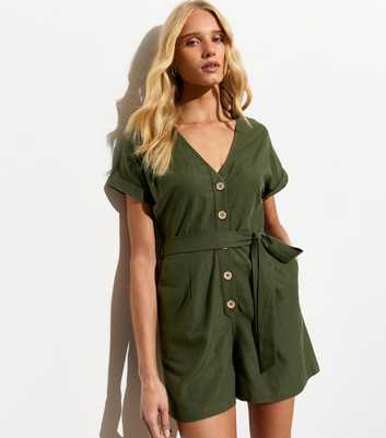 Khaki Button Front Belted Playsuit