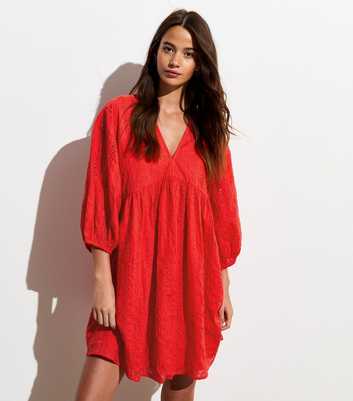 Red Embroidered Cotton Mini Smock Dress