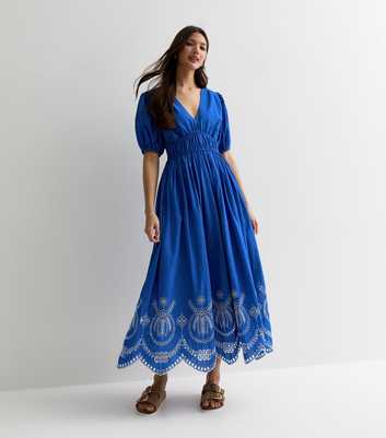 Bright Blue Cotton Broderie Hem Midi Dress