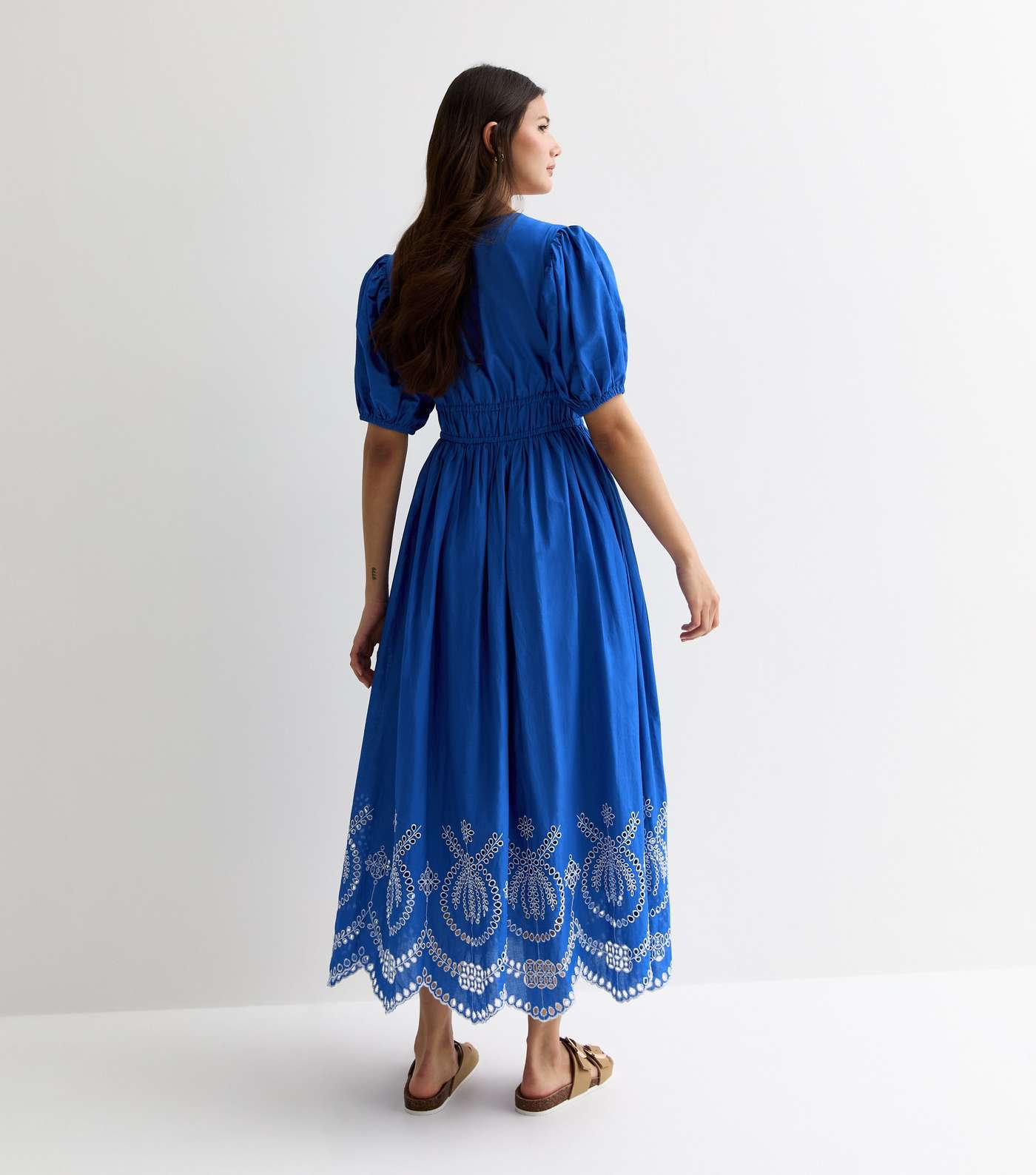 Bright Blue Cotton Broderie Hem Midi Dress Image 4