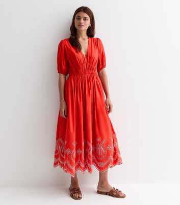 Red Cotton Broderie Hem Midi Dress