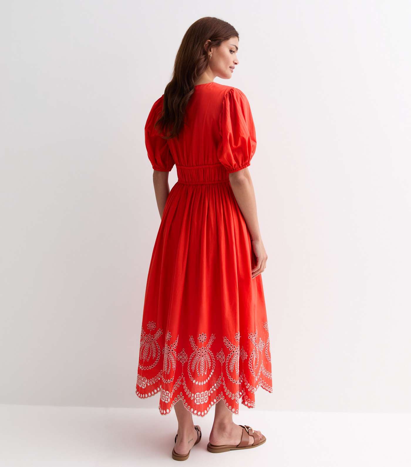 Red Cotton Broderie Hem Midi Dress Image 4