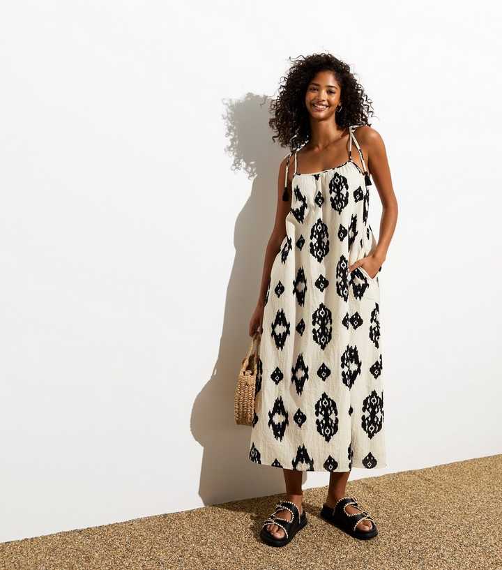 White Cotton Print Strappy Midi Dress