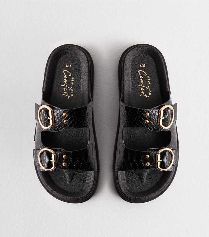 Black Faux Croc Chunky Buckle Sliders