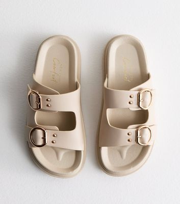 Off White Leather-Look Chunky Buckle Sliders New Look