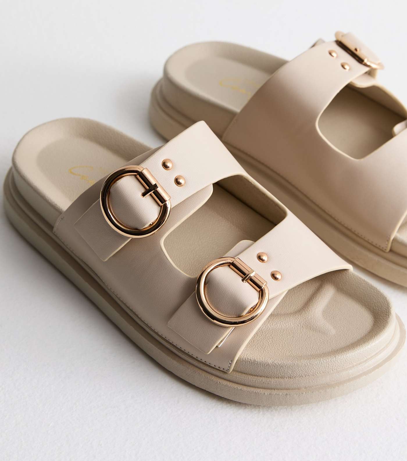 Off White Leather-Look Chunky Buckle Sliders Image 3