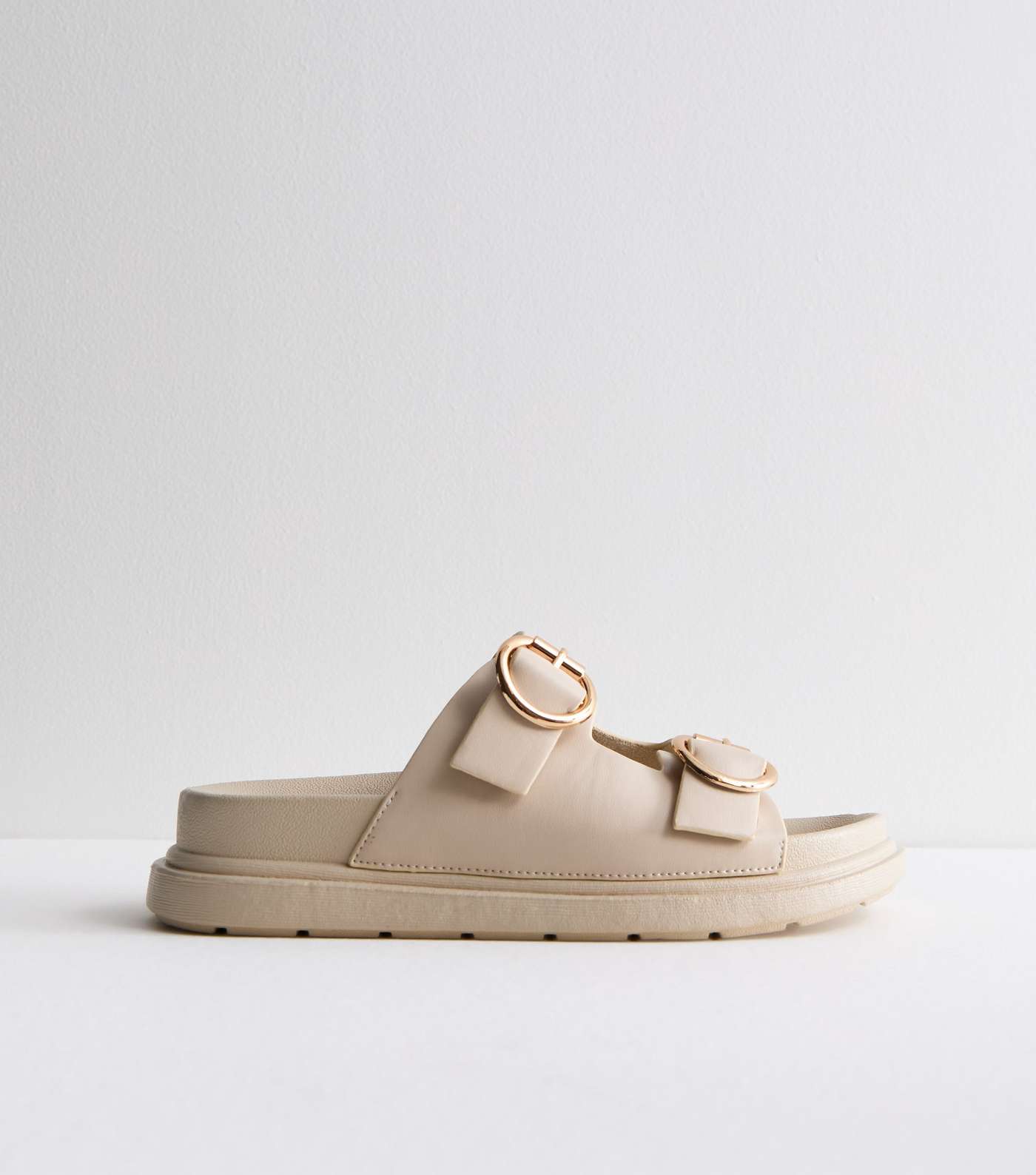 Off White Leather-Look Chunky Buckle Sliders Image 5