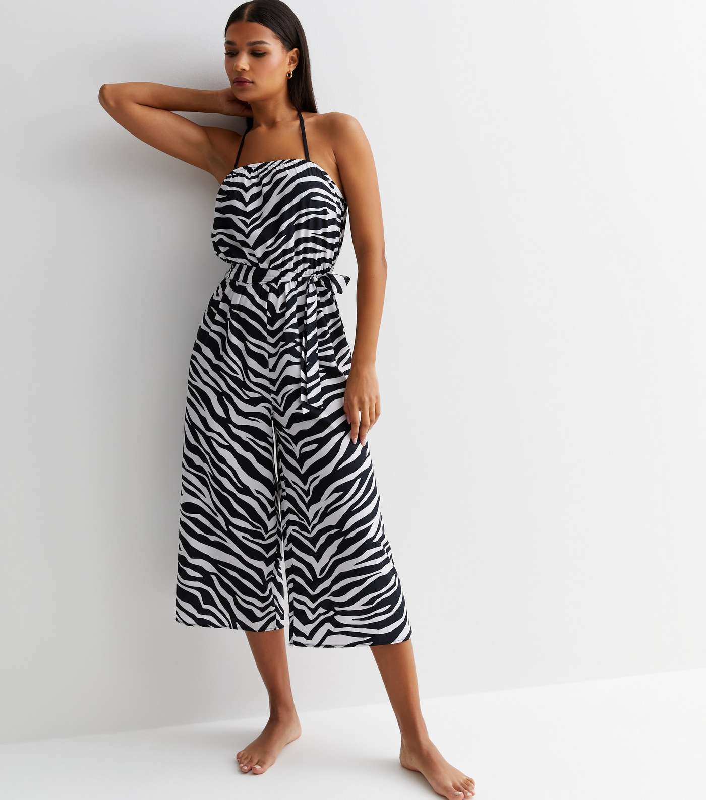 Black Zebra Print Bandeau Belted Wide Leg Jumpsuit Image 3