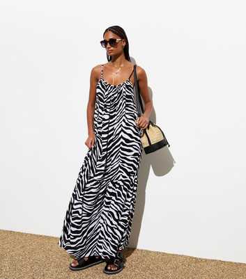 Black Zebra Print Crinkle Maxi Beach Dress