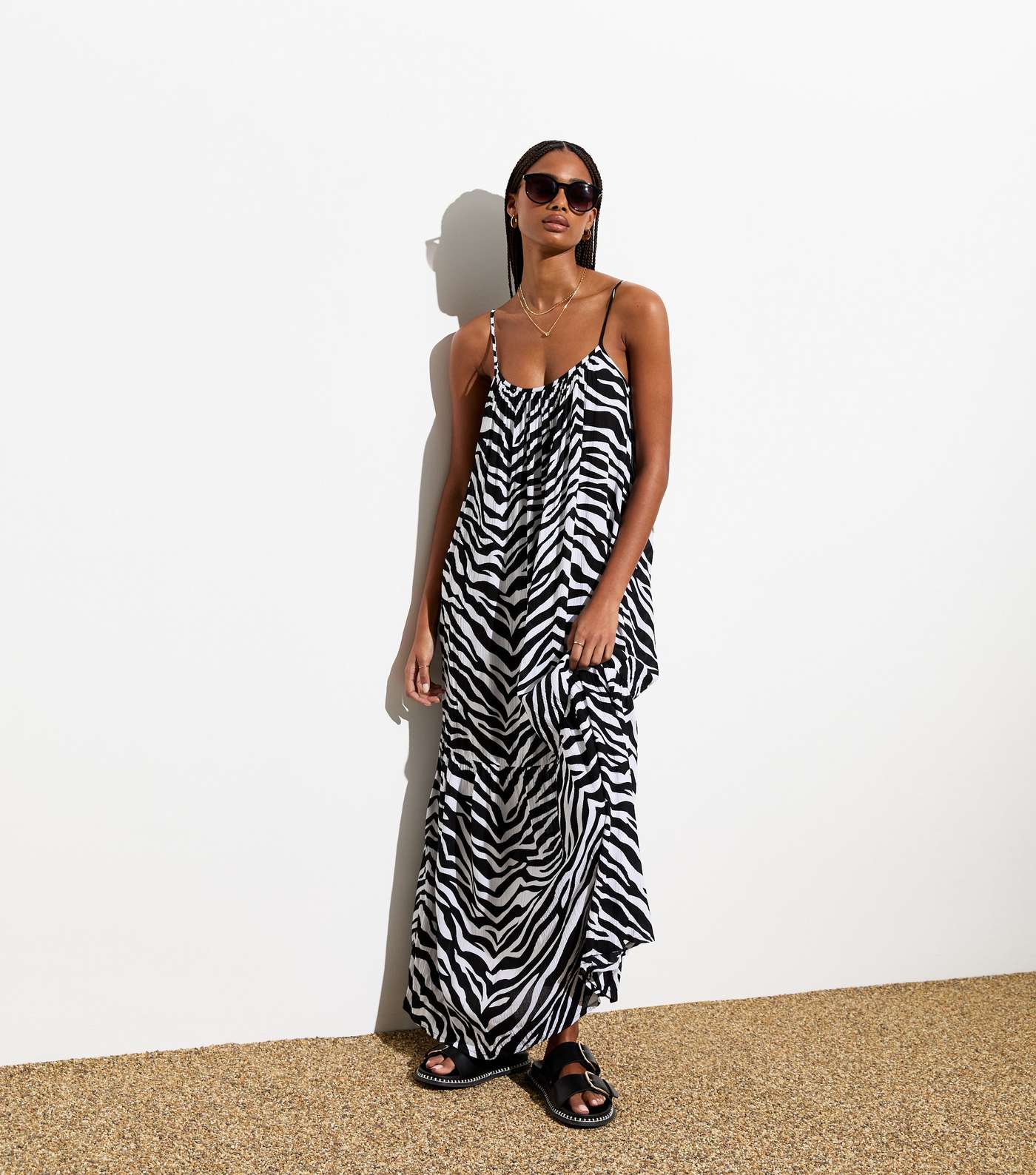 Black Zebra Print Crinkle Maxi Beach Dress Image 3