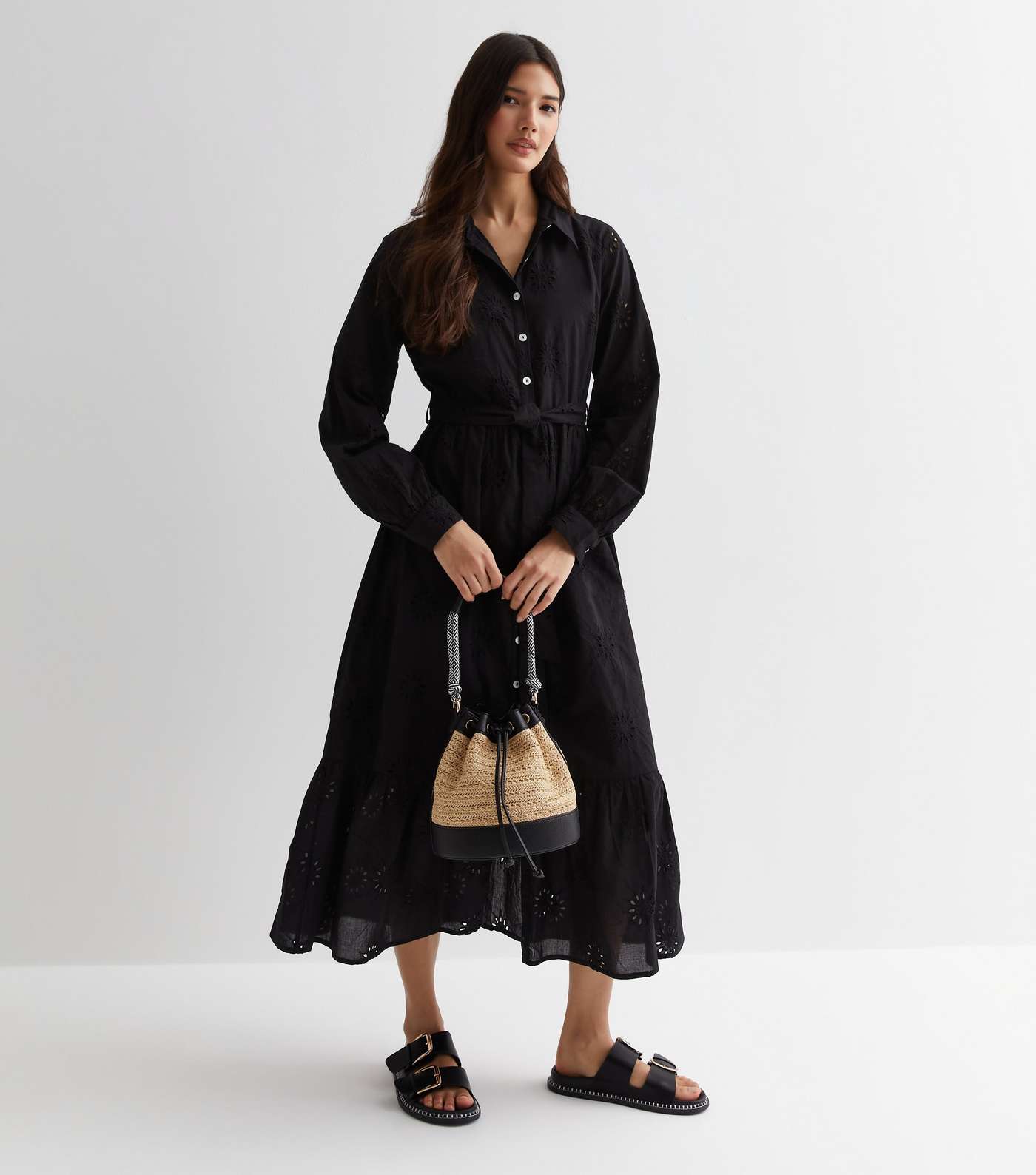 Black Cotton Flower Broderie Belted Midi Shirt Dress Image 3