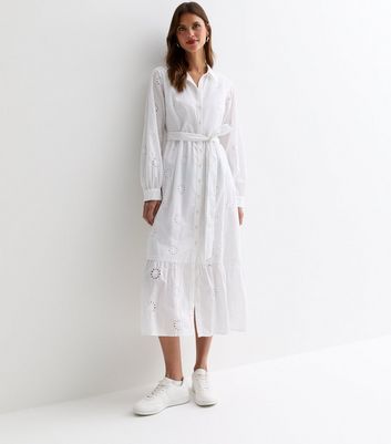 White Cotton Flower Broderie Belted Midi Shirt Dress | New Look