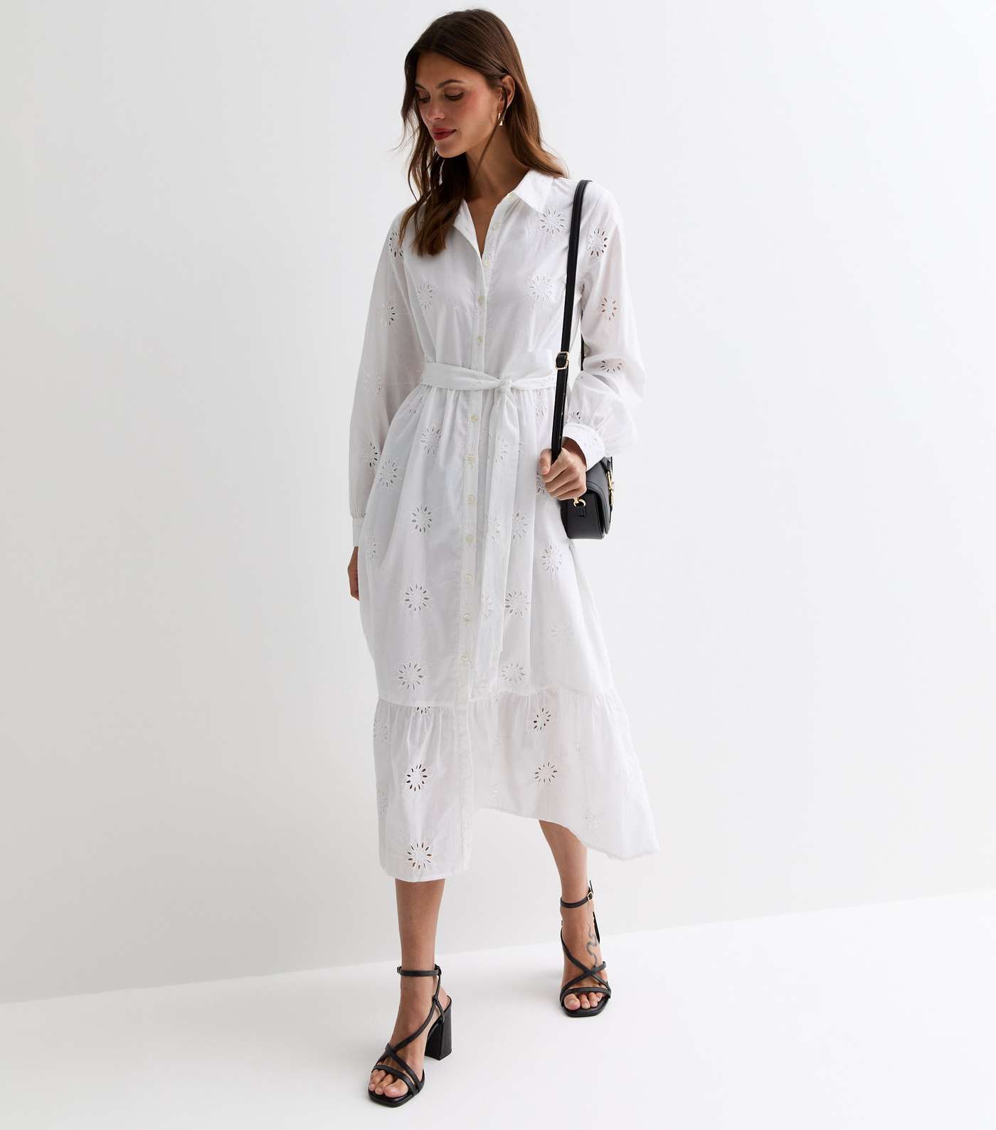 White Cotton Flower Broderie Belted Midi Shirt Dress Image 3