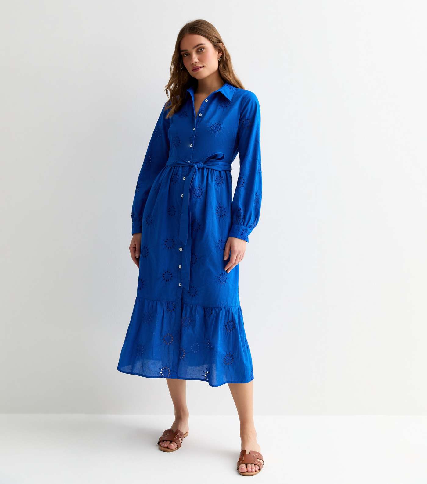 Blue Cotton Flower Broderie Belted Midi Shirt Dress Image 2