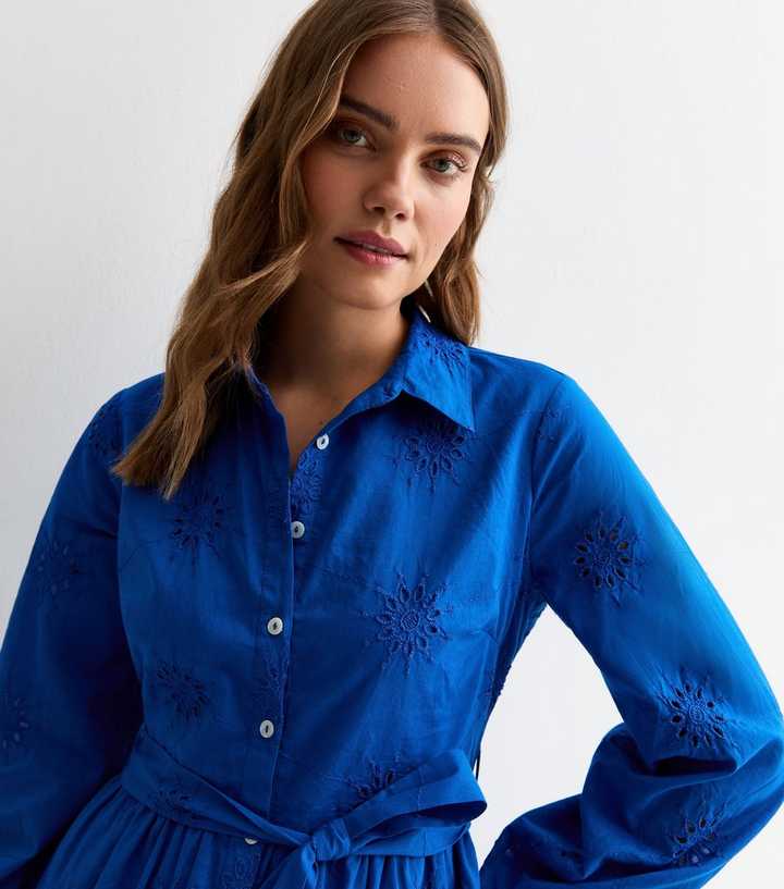 Blue Cotton Flower Broderie Belted Midi Shirt Dress