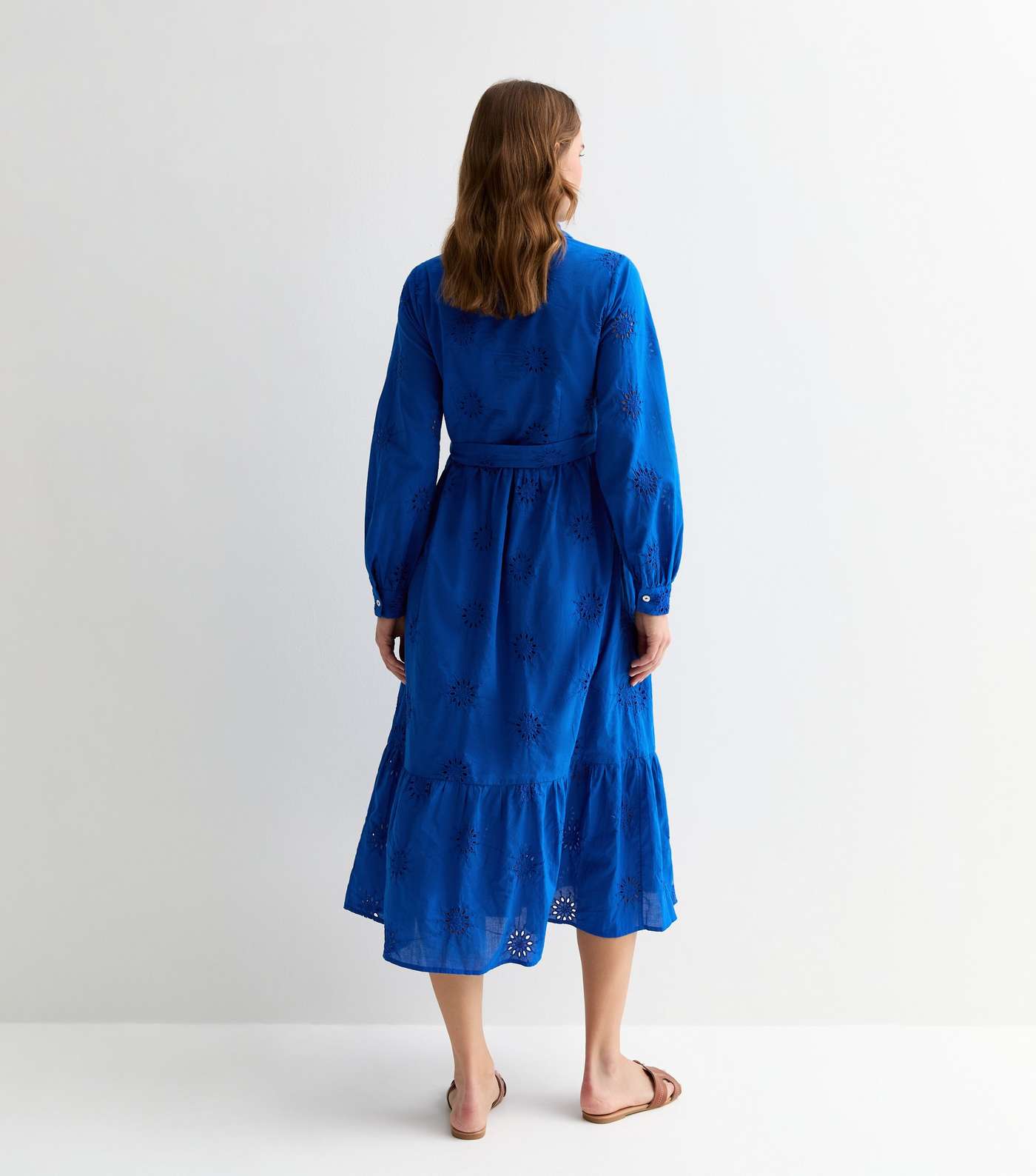 Blue Cotton Flower Broderie Belted Midi Shirt Dress Image 4