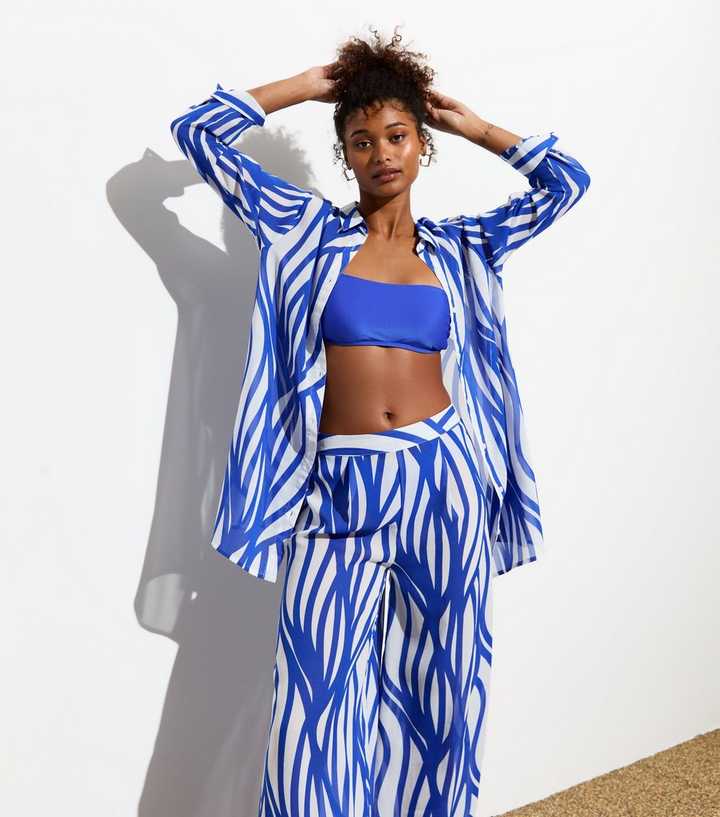 Blue Line Print Long Sleeve Beach Shirt